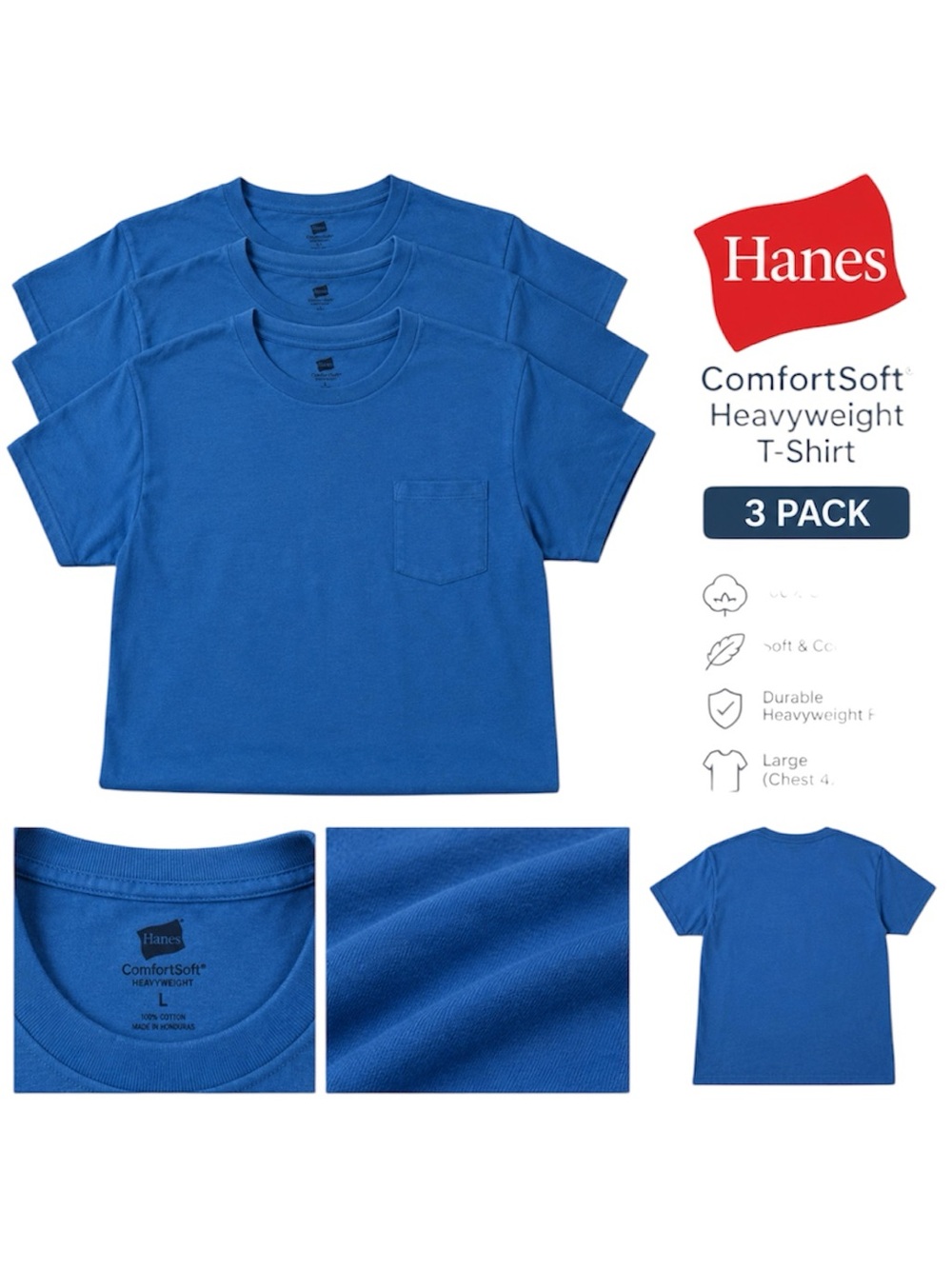 3 Pack Hanes Classic Cotton Crewneck Pocket T-Shirt - Blue Large